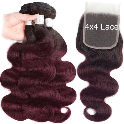 10A Grade #99J  Body Wave #1B/99j BUNDLES with 4x4 CLOSURES & 13x4 FRO