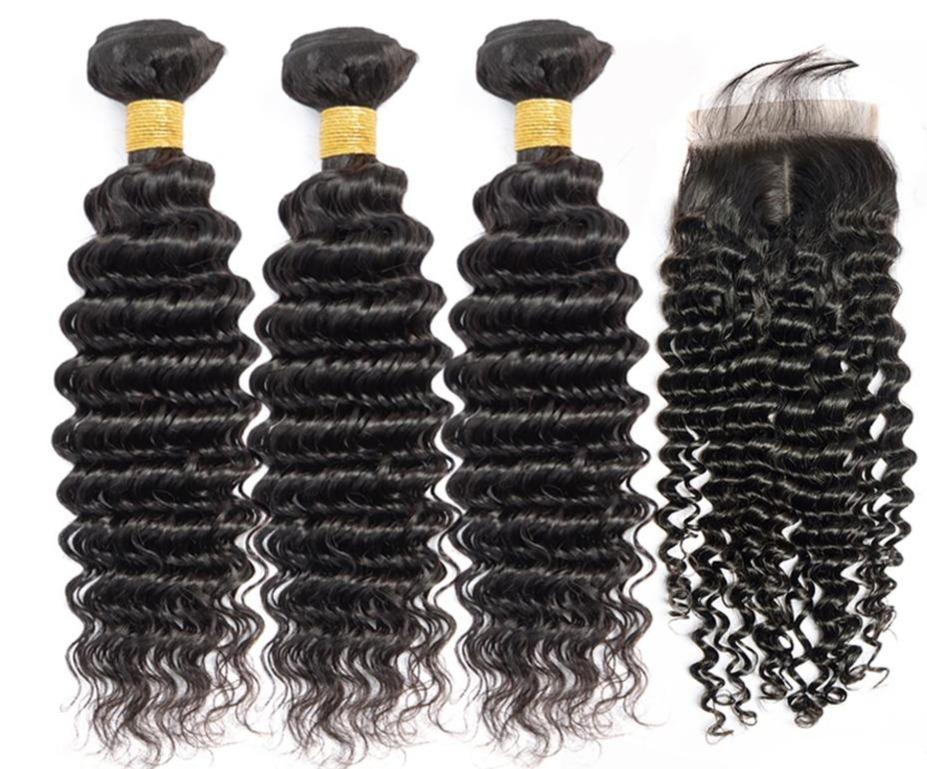 10A Grade 3/4 Deep Wave Human Hair bundles with 4x4 Closures & 13x4 Fr