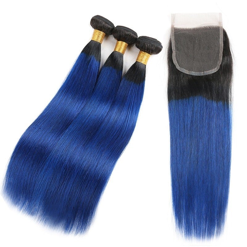 10A Grade Brazilian Blue Straight BUNDLES with CLOSURES & FRONTALS #1B