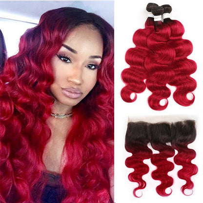 Burgundy 10A Grade Body Wave #1B/Burgundy BUNDLES with CLOSURES & FRON