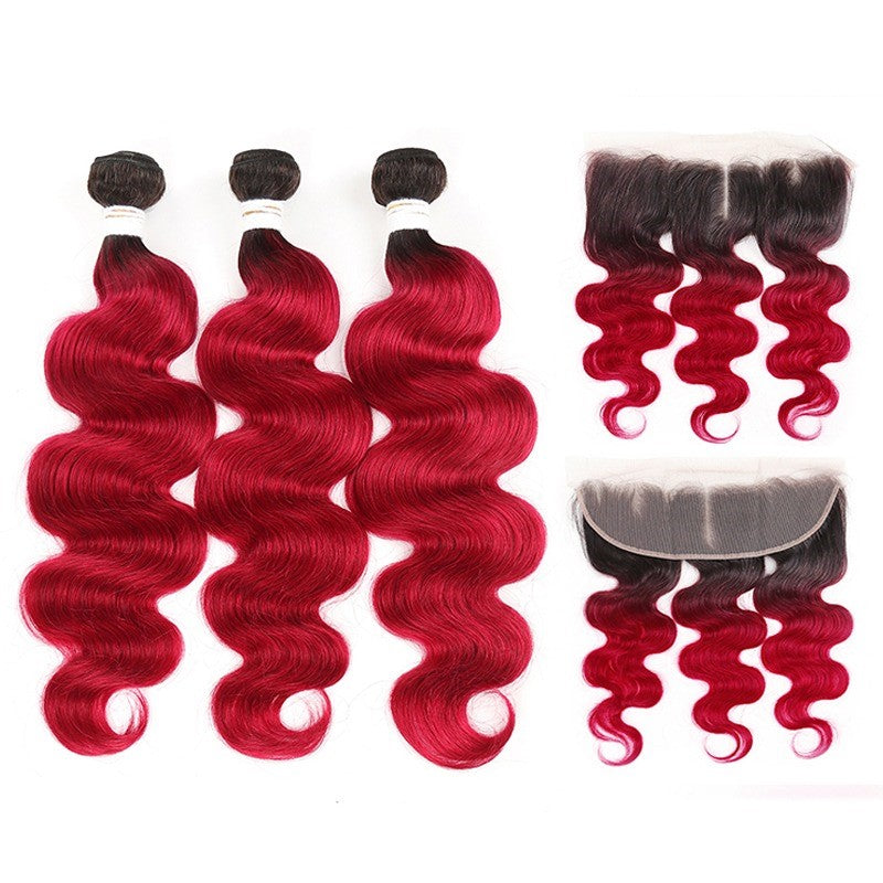 Burgundy 10A Grade Body Wave #1B/Burgundy BUNDLES with CLOSURES & FRON