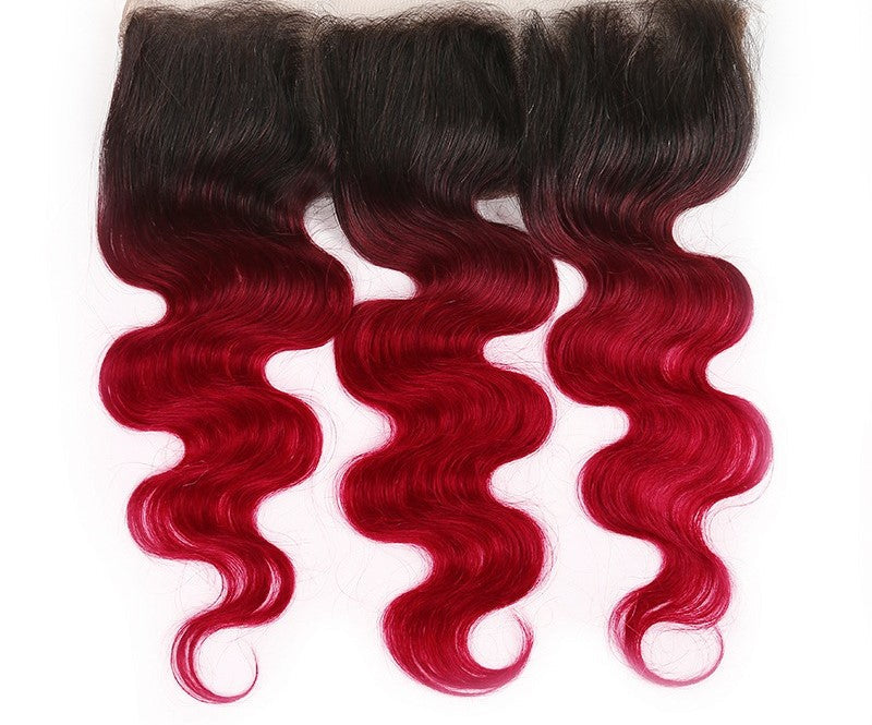 Burgundy 10A Grade Body Wave #1B/Burgundy BUNDLES with CLOSURES & FRON