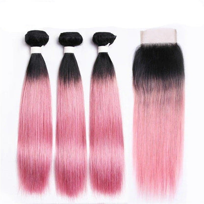 #Pink 10A Grade #1B/Pink Straight 3/4 BUNDLES with CLOSURES & FRONTALS