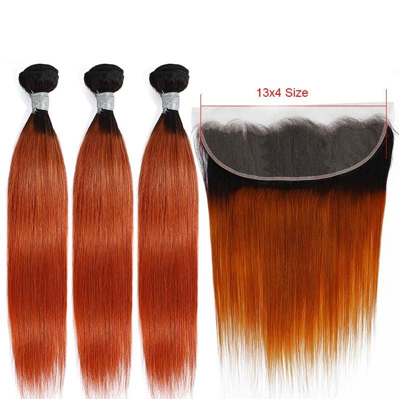 10A Grade Orange #1B/350  Straight 3/4 BUNDLES with CLOSURES & FRONTAL