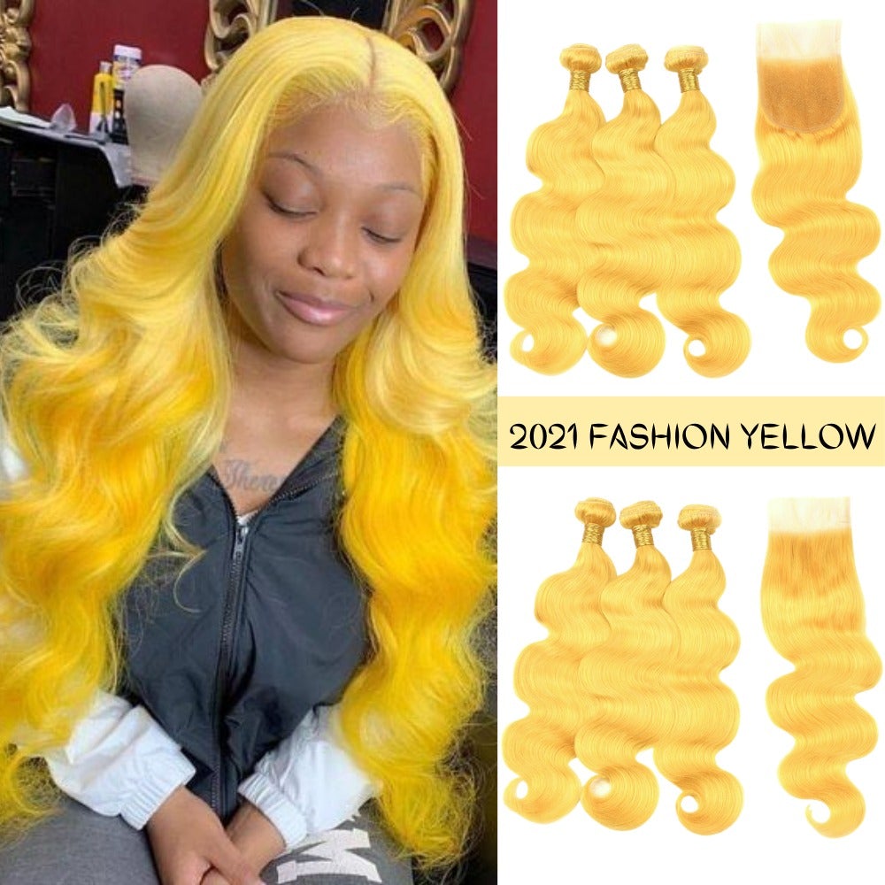 #Yellow 10A Grade #1B/Yellow Body Wave 3/4 BUNDLES with CLOSURES & FRO