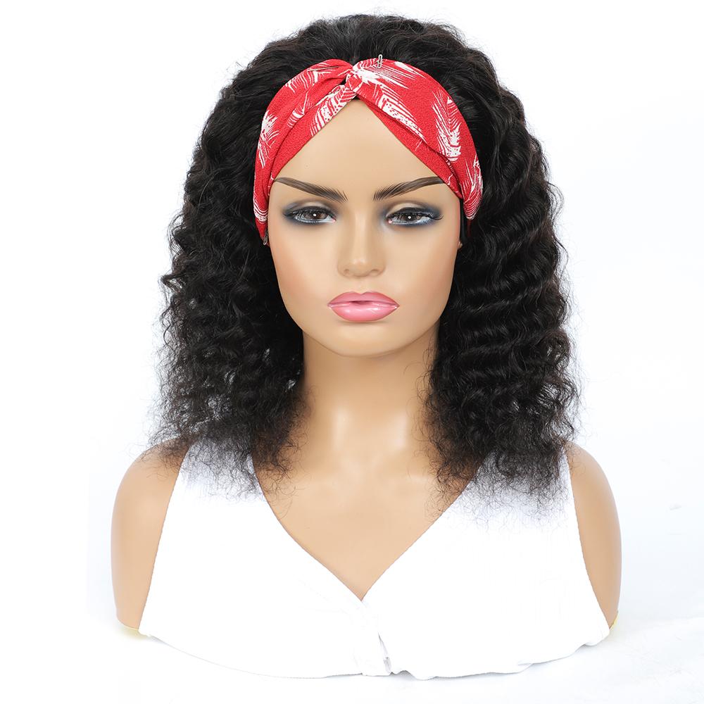 Headband Wig Deep Wave Human Hair Scarf Wig No GLUE Easy Wear