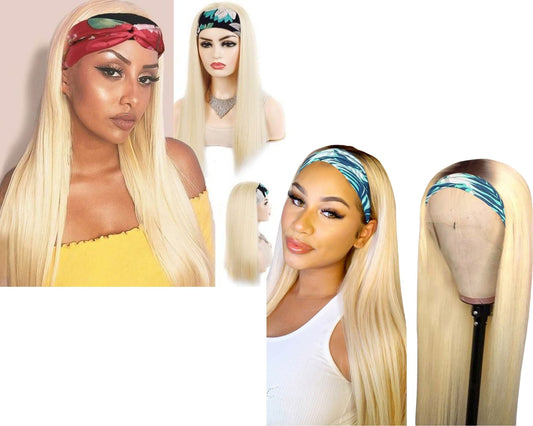 Straight 1B/613 Headband Human Hair Wigs For Black Women Blonde Scarf