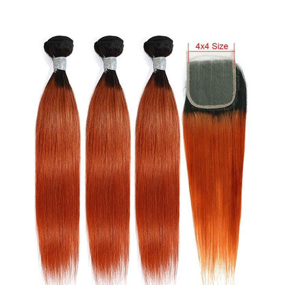 10A Grade Orange #1B/350  Straight 3/4 BUNDLES with CLOSURES & FRONTAL