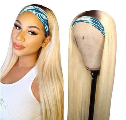 Straight 1B/613 Headband Human Hair Wigs For Black Women Blonde Scarf