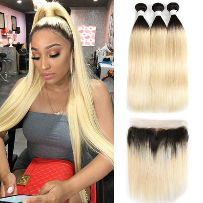 Brazilian Blonde 10A Grade #1B/613 Straight BUNDLES with CLOSURES & FR