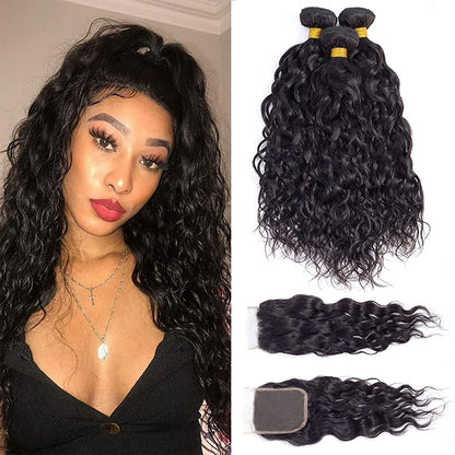 10A Grade 3/4 Water Wave Human Hair bundles with  4x4 Closures & 13x4