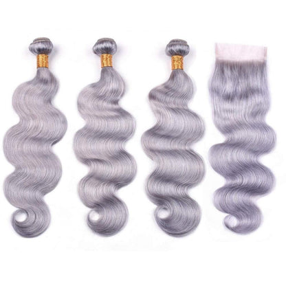 Gray 10A Grade Silver #1B/ Silver  3/4 Body Wave BUNDLES with CLOSURES