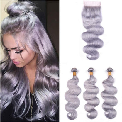 Gray 10A Grade Silver #1B/ Silver  3/4 Body Wave BUNDLES with CLOSURES