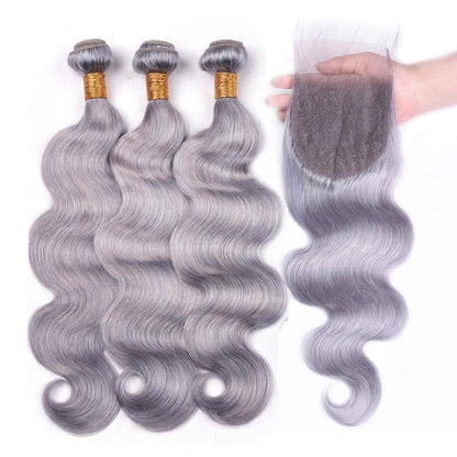 Gray 10A Grade Silver #1B/ Silver  3/4 Body Wave BUNDLES with CLOSURES