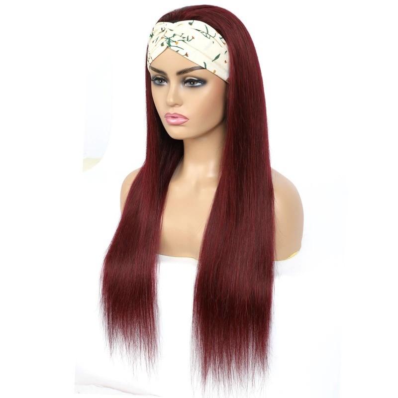 Burgundy Headband Straight Human Hair Wig #99J  Scarf Wig No GLUE Easy