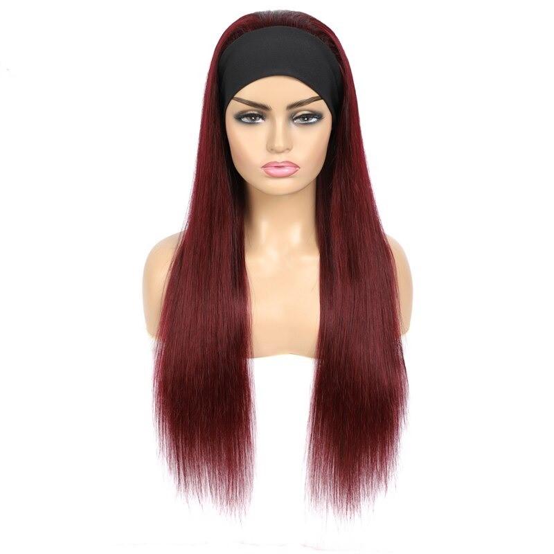 Burgundy Headband Straight Human Hair Wig #99J  Scarf Wig No GLUE Easy