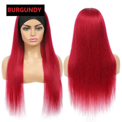 Burgundy Headband Straight Human Hair Wig #99J  Scarf Wig No GLUE Easy