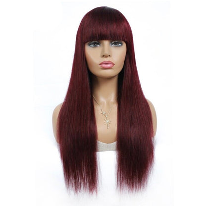 #1B/99J Brazilian Straight Human Hair Wigs with Bangs #99J No Glue Wig