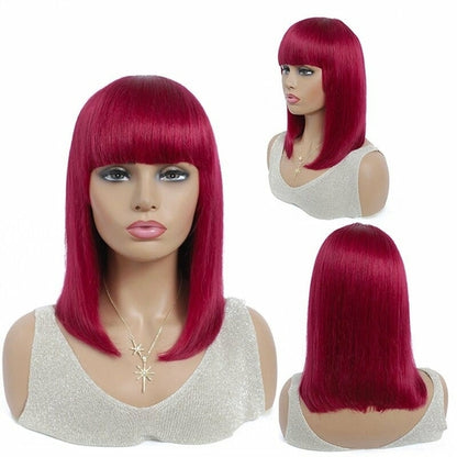 #613 Brazilian 99J Burgundy Short Bob Remy Straight Human Hair Wigs Wi