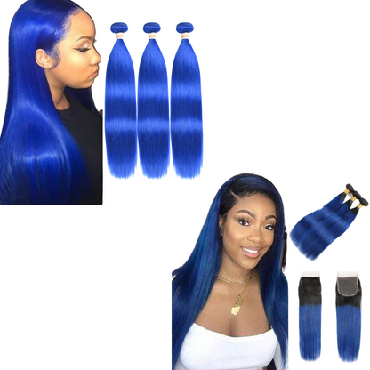 10A Grade Brazilian Blue Straight BUNDLES with CLOSURES & FRONTALS #1B