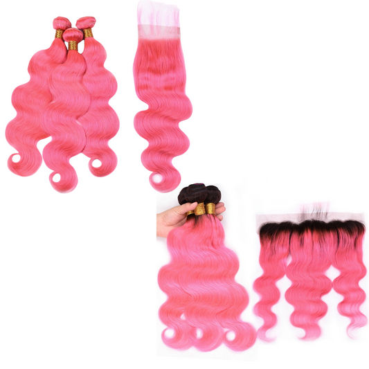 #Pink 10A Grade #1B/Pink Brazilian Body Wave 3/4 BUNDLES with CLOSURES