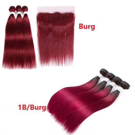 Burgundy 10A Grade 3/4 Straight #1B/Burgundy BUNDLES with CLOSURES & F