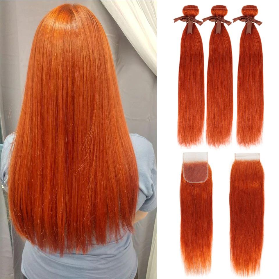 10A Grade Orange #1B/350  Straight 3/4 BUNDLES with CLOSURES & FRONTAL