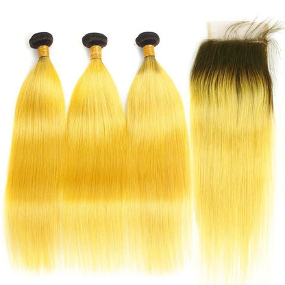 #Yellow 10A Grade #1B/Yellow Straight 3/4 BUNDLES with CLOSURES & FRON