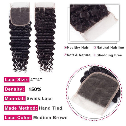 10A Grade Deep Wave 4x4 Brazilian  5x5 Lace 6x6 Closure Remy Human Hai