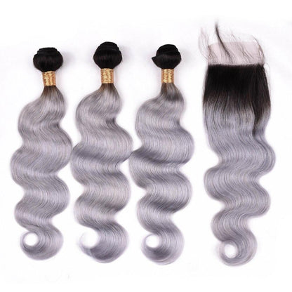 Gray 10A Grade Silver #1B/ Silver  3/4 Body Wave BUNDLES with CLOSURES