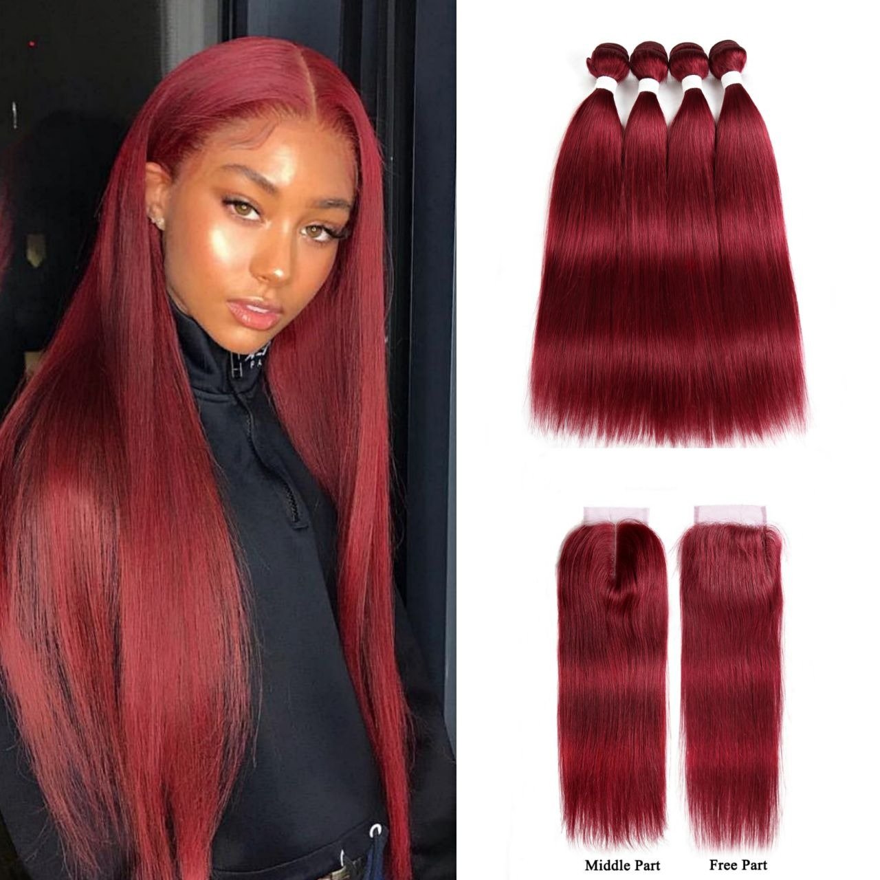 Burgundy 10A Grade 3/4 Straight #1B/Burgundy BUNDLES with CLOSURES & F