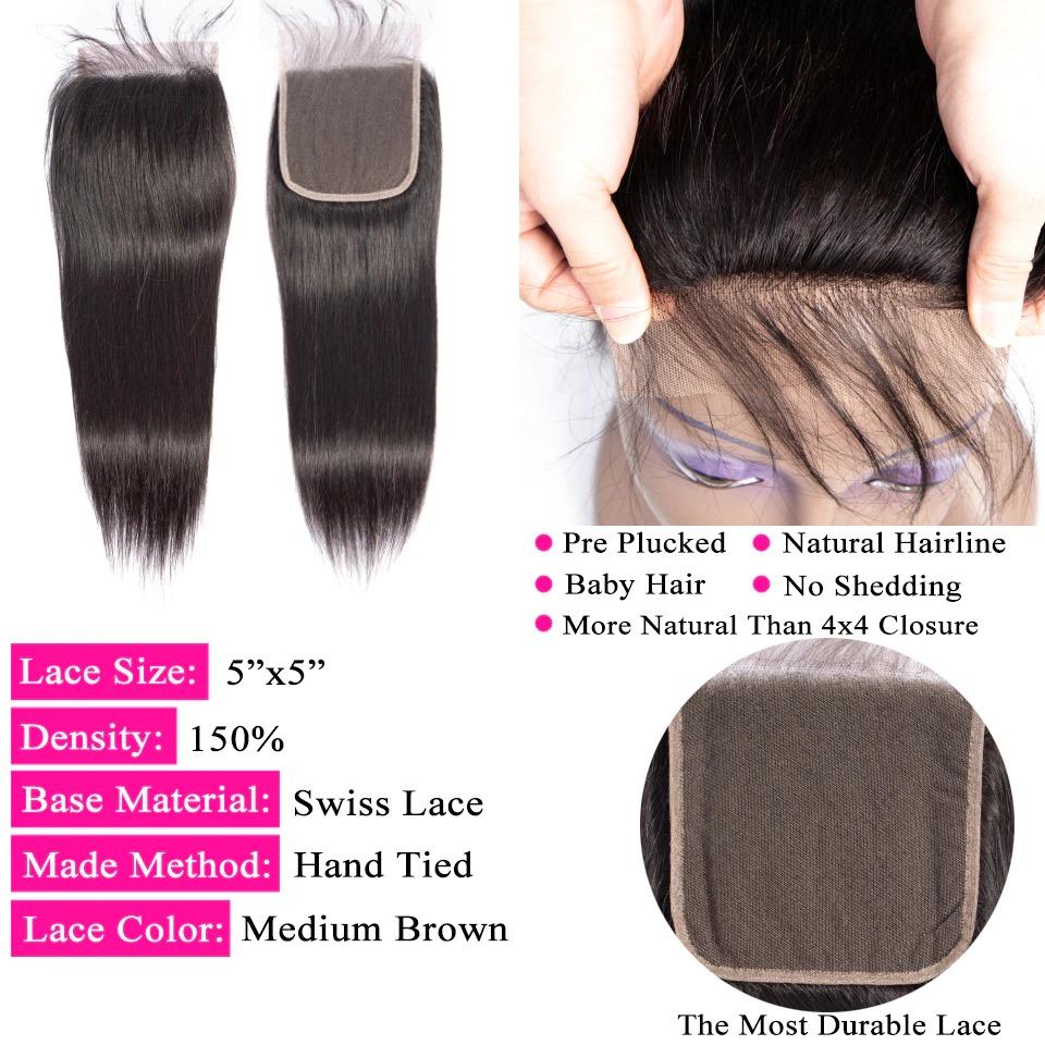 10A Grade Straight 4x4 Brazilian  5x5 Lace 6x6 Closure Remy Human Hair