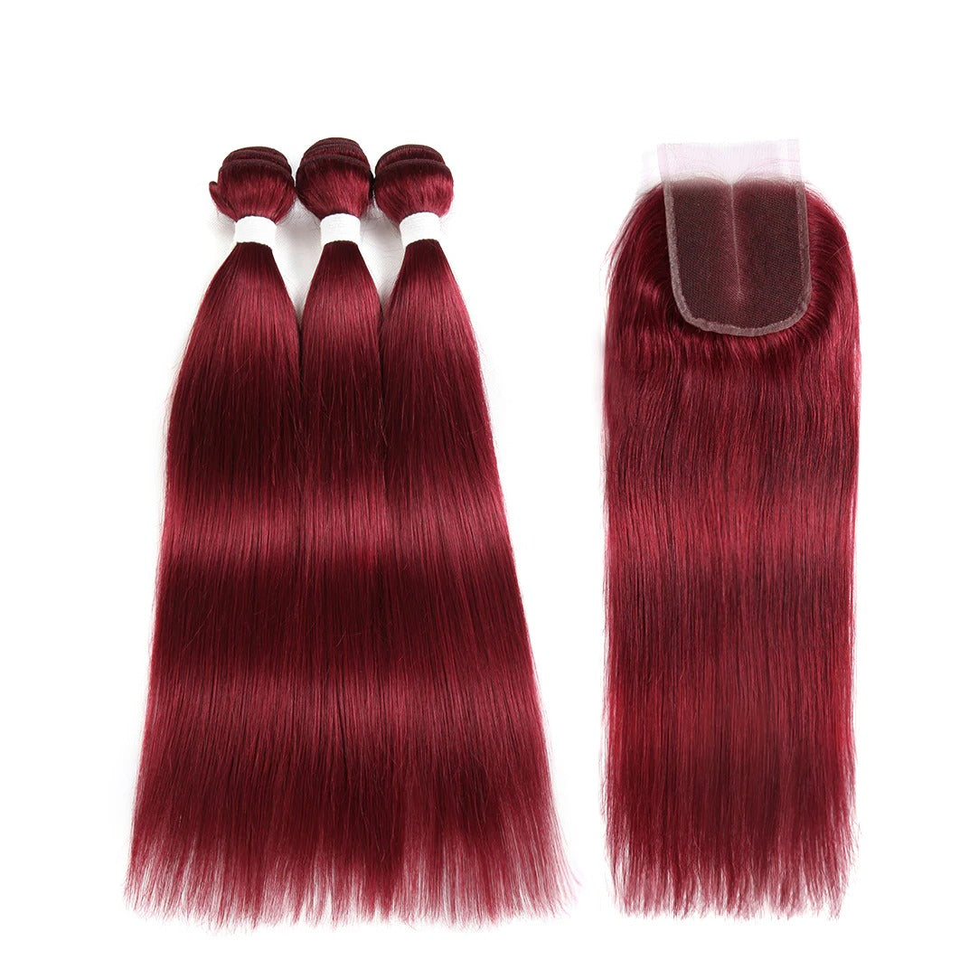 Burgundy 10A Grade 3/4 Straight #1B/Burgundy BUNDLES with CLOSURES & F