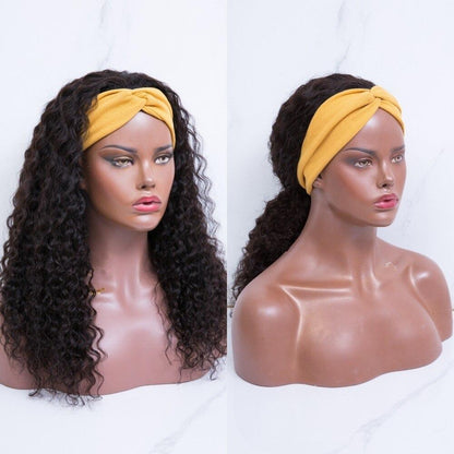 Headband Wig Deep Wave Human Hair Scarf Wig No GLUE Easy Wear