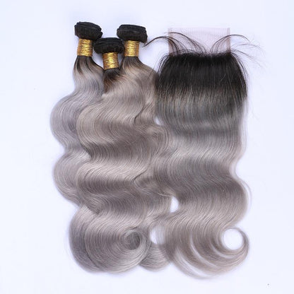 Gray 10A Grade Silver #1B/ Silver  3/4 Body Wave BUNDLES with CLOSURES