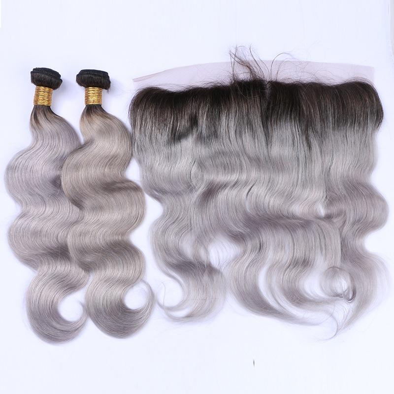 Gray 10A Grade Silver #1B/ Silver  3/4 Body Wave BUNDLES with CLOSURES