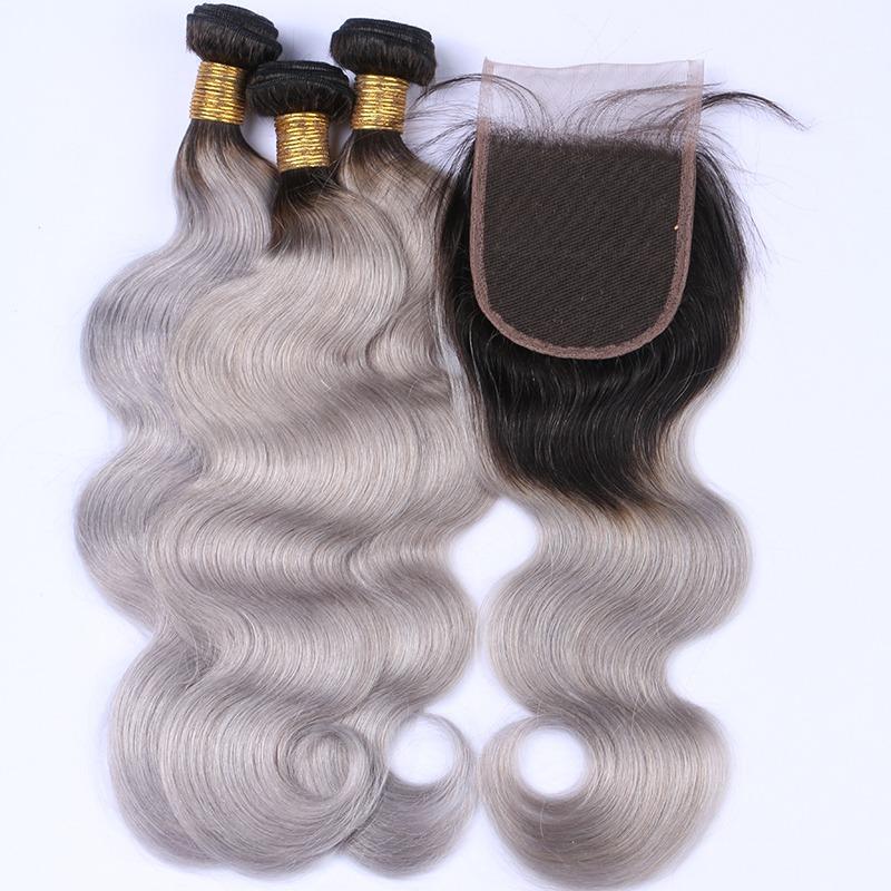 Gray 10A Grade Silver #1B/ Silver  3/4 Body Wave BUNDLES with CLOSURES