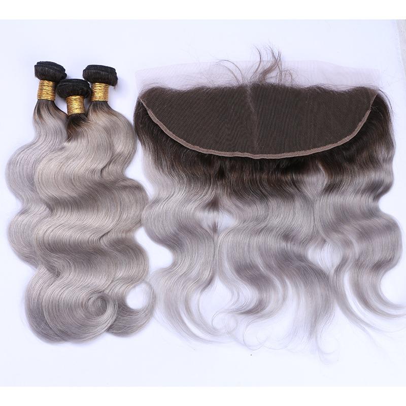 Gray 10A Grade Silver #1B/ Silver  3/4 Body Wave BUNDLES with CLOSURES