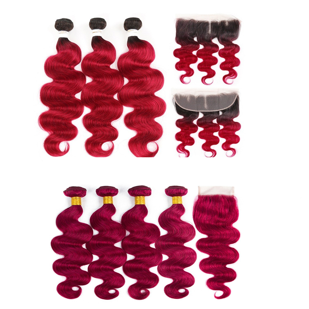 Burgundy 10A Grade Body Wave #1B/Burgundy BUNDLES with CLOSURES & FRON