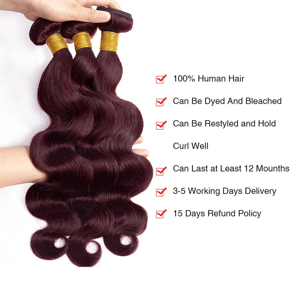 10A Grade #99J  Body Wave #1B/99j BUNDLES with 4x4 CLOSURES & 13x4 FRO