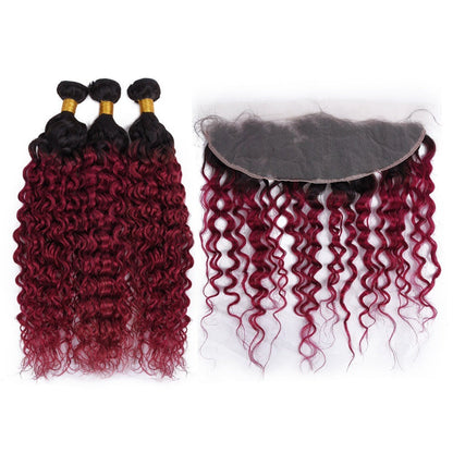 Burg 10A Grade Water Wave #1B/Burgundy BUNDLES with CLOSURES & FRONTAL