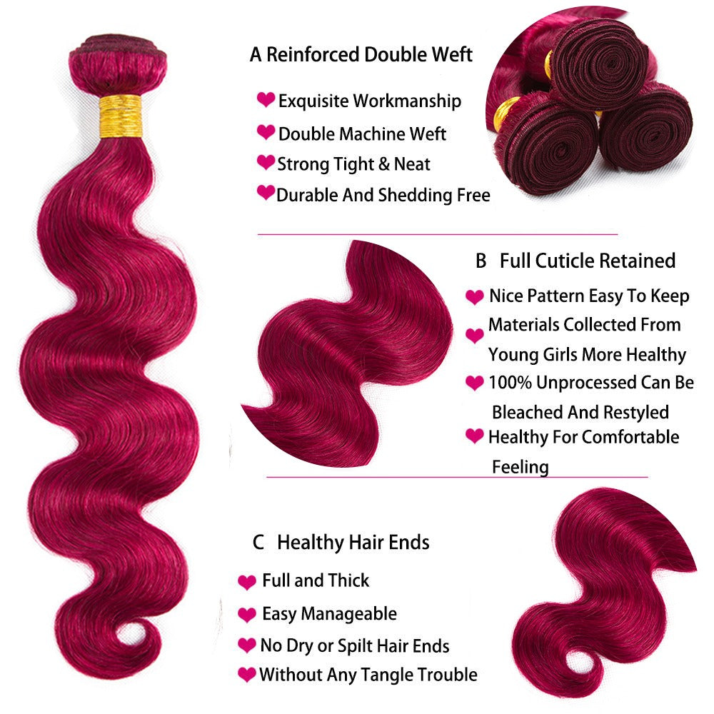 Burgundy 10A Grade Body Wave #1B/Burgundy BUNDLES with CLOSURES & FRON