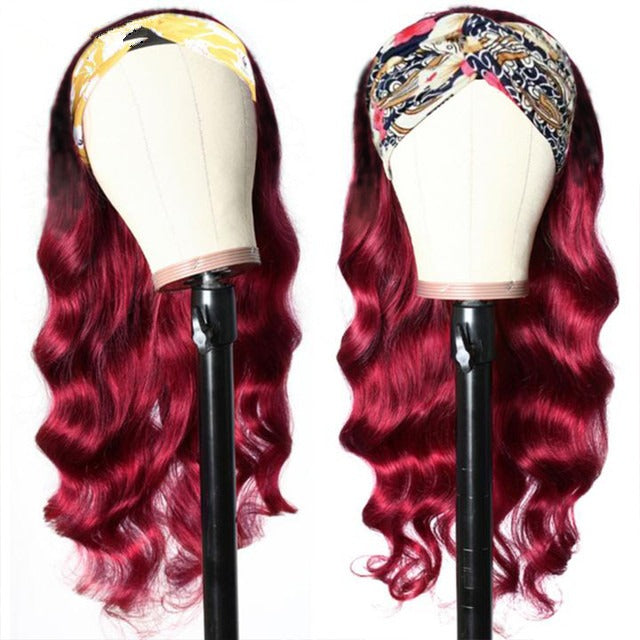 Burgundy Headband Body Wave Human Hair Wig #99J  Scarf Wig No GLUE Eas