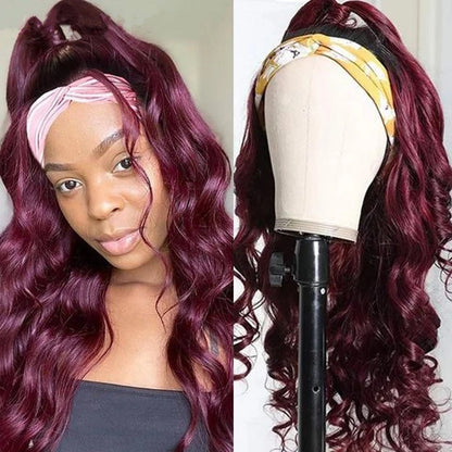 Burgundy Headband Body Wave Human Hair Wig #99J  Scarf Wig No GLUE Eas