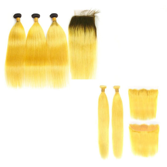 #Yellow 10A Grade #1B/Yellow Straight 3/4 BUNDLES with CLOSURES & FRON