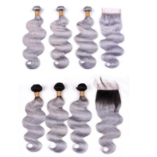 Gray 10A Grade Silver #1B/ Silver  3/4 Body Wave BUNDLES with CLOSURES