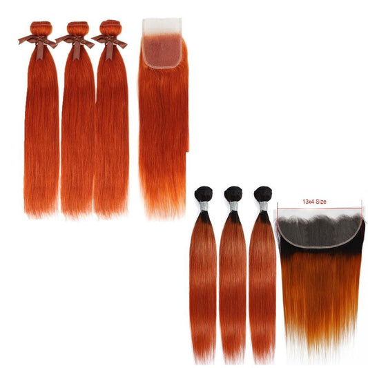 10A Grade Orange #1B/350  Straight 3/4 BUNDLES with CLOSURES & FRONTAL