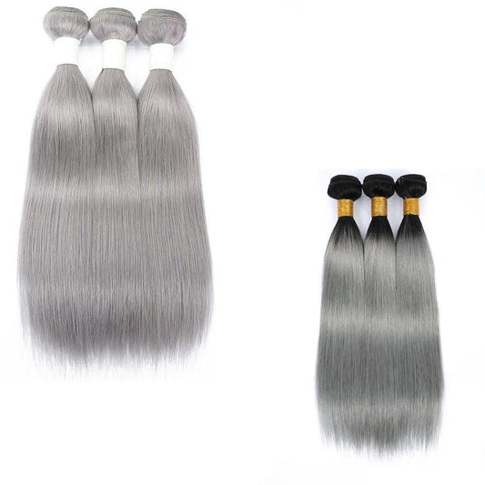 Gray 10A Grade Silver #1B/ Silver Straight 3/4 BUNDLES with CLOSURES &