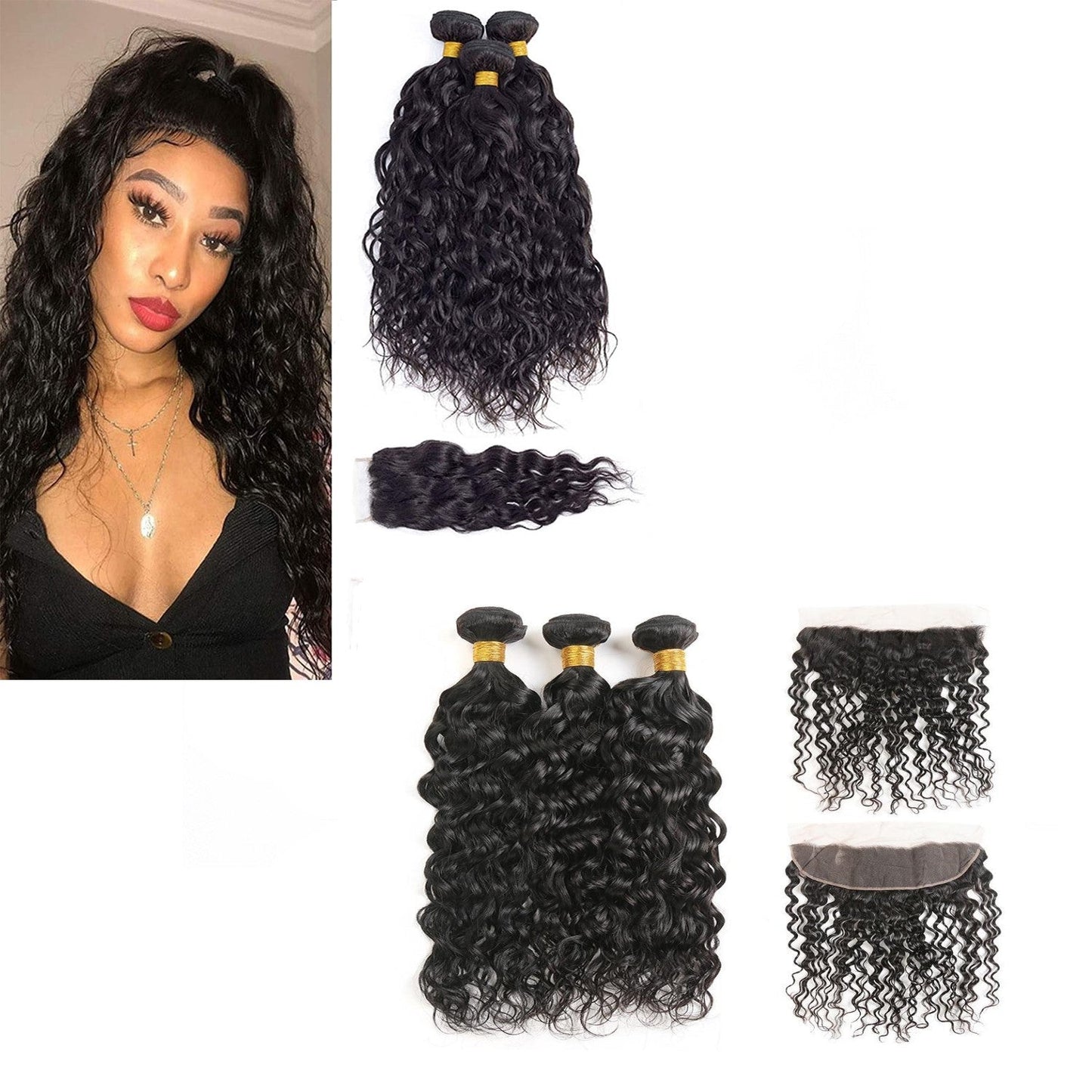 10A Grade 3/4 Water Wave Human Hair bundles with  4x4 Closures & 13x4