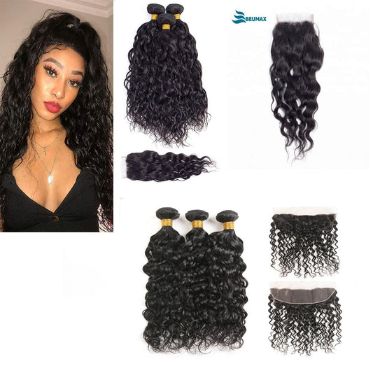 10A Grade 3/4 Water Wave Human Hair bundles with  4x4 Closures & 13x4